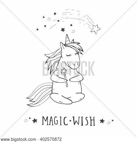 Vector Illustration Of Hand Drawn Cute Sitting Unicorn With Shooting Star, Magic Wand And Text - Mag