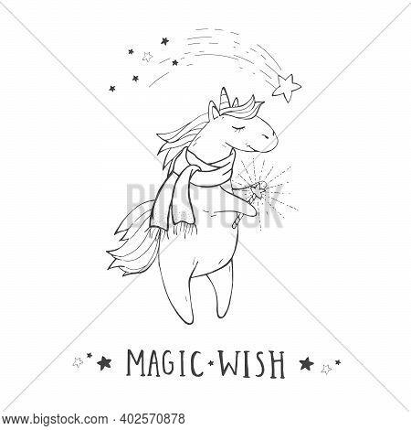 Vector Illustration Of Hand Drawn Cute Unicorn In Scarf With Shooting Star, Magic Wand And Text - Ma
