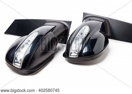 Close-up On A Pair Of Side Mirrors From A Minibus With Turn Signal Repeaters For Repair And Replacem