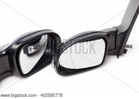 Close-up On A Pair Of Side Mirrors From A Minibus With Turn Signal Repeaters For Repair And Replacem