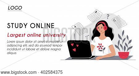 Horizontal Banner Header Web Template. Young Woman In Headphones With A Laptop Listens To A Webinar 