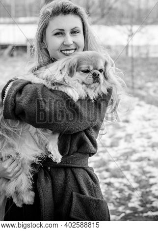 Nice Young Woman On A Walk With Her Dog Resting At Park. Best Friendship Girl And Senior Dog. Psycho