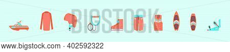 Set Of Wake Boarding Cartoon Icon Design Template With Various Models. Modern Vector Illustration Is
