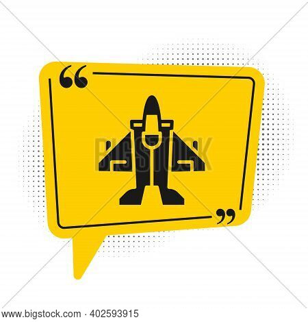 Black Jet Fighter Icon Isolated On White Background. Military Aircraft. Yellow Speech Bubble Symbol.