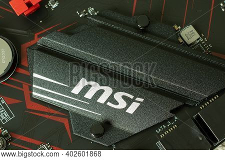 Moscow, Russia - 5 December 2020: Msi Logo On Motherboard Close Up, Illustrative Editorial.