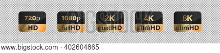 Hd Screen Definition Golden Label Sticker Vector Collection. Full, Quad, Ultra, 4k, 2k, 8k Emblem Co