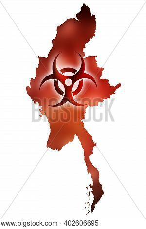 Biohazard Sign Against The Background Of A Contour Map Of Myanmar With A Red Glow. The Concept Of A 