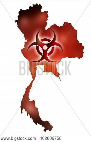 Biohazard Sign Against The Background Of A Contour Map Of Thailand With A Red Glow. The Concept Of A