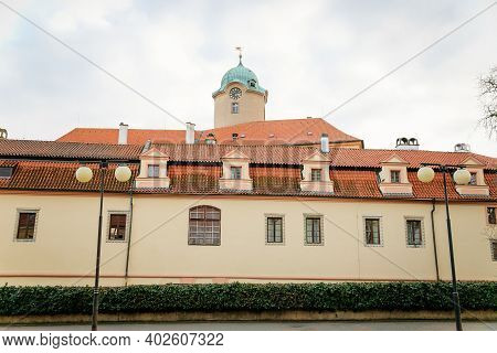 Podebrady Castle At River Labe, View From Inner Courtyard Side, Clock Tower, Historical Spa Town, Po
