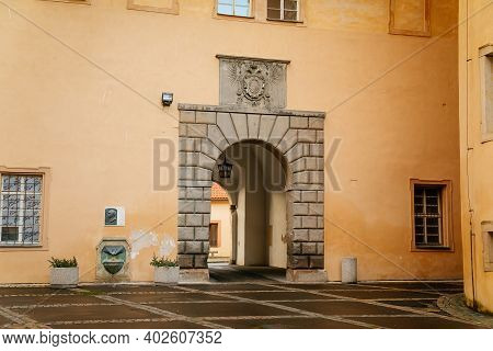 Podebrady Castle At River Labe, View From Inner Courtyard Side, Baroque Portal, Historical Spa Town,