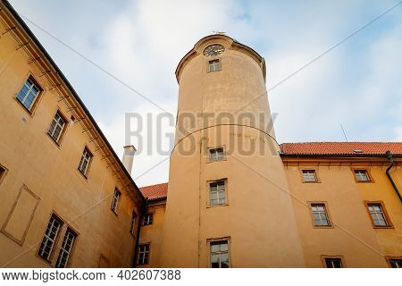 Podebrady Castle At River Labe, View From Inner Courtyard Side, Clock Tower, Historical Spa Town, Po