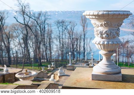 Marble Flower Bed In The City Park . Scara Cascadelor In Chisinau Park