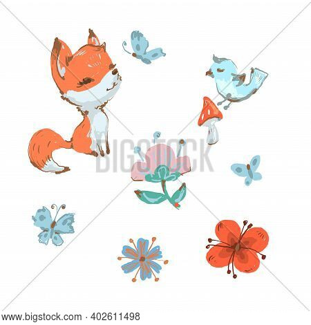 Cute Fox And Bird, Butterfly Mushroom And Flowers Spring Collection