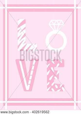 Postacard Woth Love Sign In Pink White Colors. Good For Valentine Day, Romantic Love Postcards. Vect