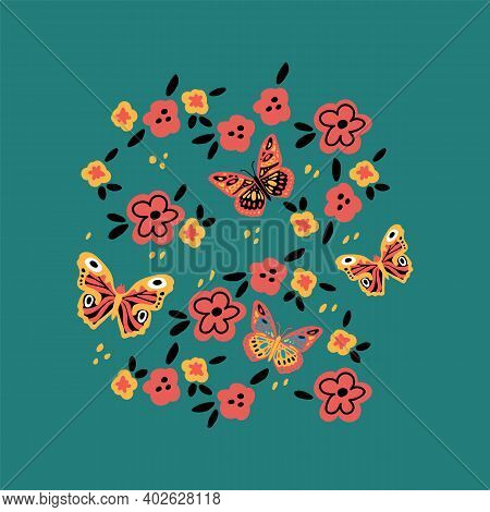 Spring With Butterflies And Flowers. Poster With Moths And Moths On A Background Of Flowers. Vector 