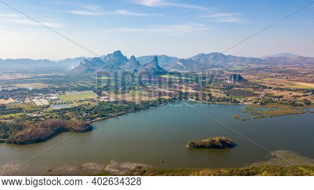 Aerial View Of Sub Lek Reservoir With Mountain At  Nikhom Sang Ton Eng, Mueang District, Lopburi Tha