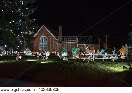 Bluffton, Oh, December 23, 2020, Presbyterian Church Yard Decorated Adorned With Christmas Holiday L