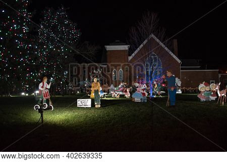 Bluffton, Oh, December 23, 2020, Presbyterian Church Yard Decorated Adorned With Christmas Holiday L