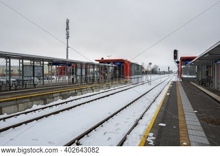 Gdansk, Poland - January 10, 2021: Platform Of Pomeranian Metropolitan Railway In Gdansk During Wint