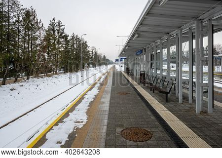 Gdansk, Poland - January 10, 2021: Platform Of Pomeranian Metropolitan Railway In Gdansk During Wint