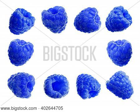 Set Of Fresh Blue Raspberries On White Background