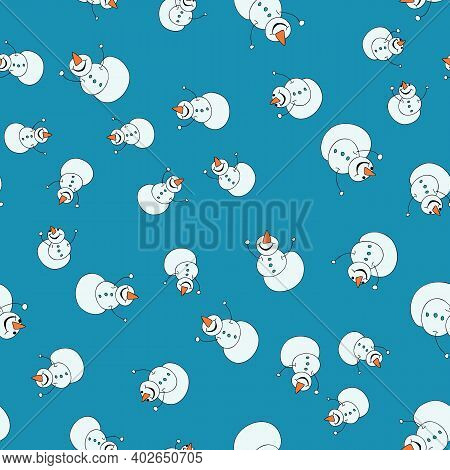 Joyful Snowmen Smiling Happy Seamless Vector Illustration Surface Pattern Design