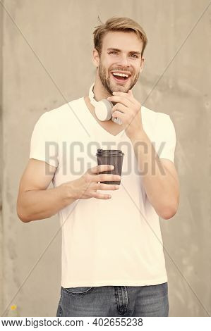 Energy And Optimism. Happy Guy Hold Hot Cup Outdoors. Enjoying Takeaway Tea Or Coffee. On-the-go Caf