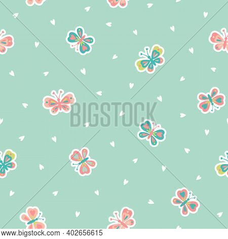 Butterflies With Heart-shaped Wings And White Hearts Scattered On Pastel Blue Background. Seamless V