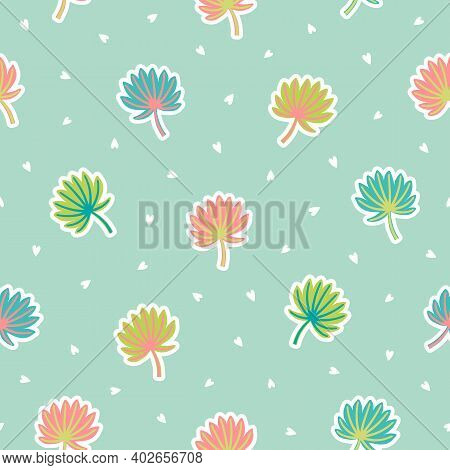 Cute And Colorful Little Palm Leaves And Tiny White Hearts Scattered Pattern On Pastel Blue Backgrou