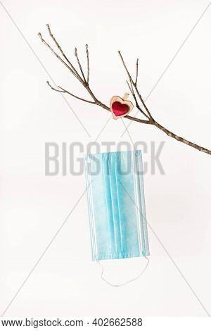 Medical Social Blue Mask Against Covid19 Coronavirus 2021 Hangs On A Bare Branch Of A Tree For Valen