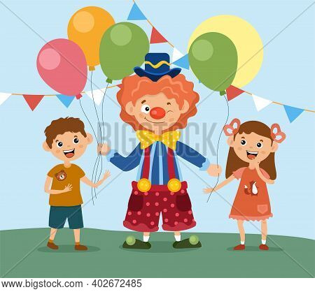 Vector Illustration Cartoon Funny Smiling Clown Giving Multicolored Balloons To Cute Boy And Girl. C