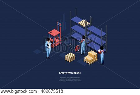 Vector Illustration Of Empty Warehouse With Shelves And Boxes. Isometric Composition In Cartoon 3d S
