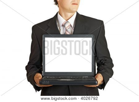 Onun Laptop beyaz ekraan ile tutan işadamı