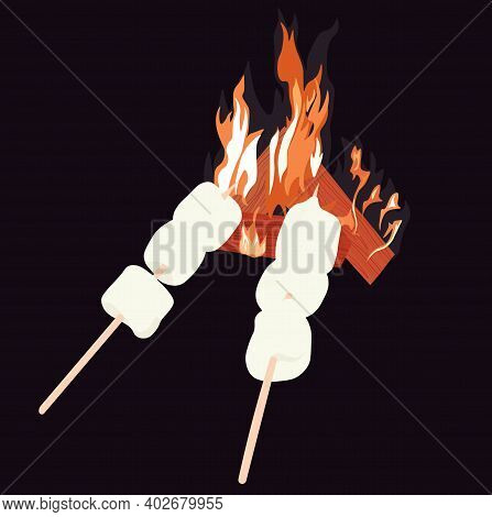 Marshmallow On Fire Vector Stock Illustration. Night Trip, Rest. Hot Marmalade On The Fire. Realisti