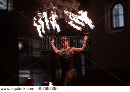 Vaxjo, Sweden - January, 2020. Christmas Fire Show Night Event