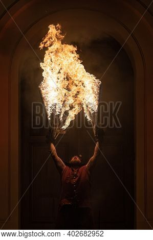 Vaxjo, Sweden - January, 2020. Christmas Fire Show Night Event
