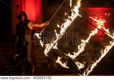 Vaxjo, Sweden - January, 2020. Christmas Fire Show Night Event