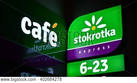 Warsaw, Poland. 10 January 2021. Sign  Stokrotka Express. Company Signboard Stokrotka Express.