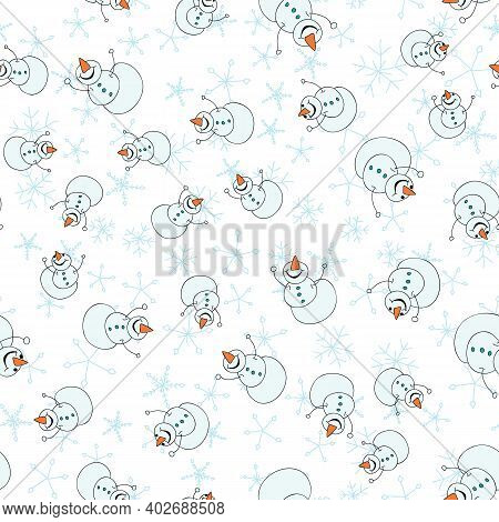 Joyful Snowmen In Snowstorm Smiling Happy Seamless Vector Illustration Surface Pattern Design
