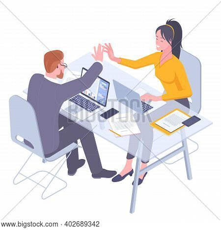 Teamwork. Young Olleagues Man And Woman Give Five To Each Other. Flat Design Isometric Vector Concep