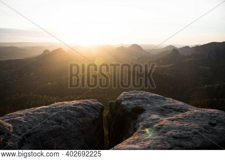 Sunrise Panorama Edge Cliff Crack Crevasse At Kleiner Winterberg Saxony Switzerland Elbe Sandstone M