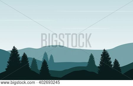 Amazing View Of Trees And Mountains In The Morning. Vector Illustration