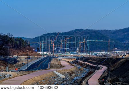 Daejeon, South Korea; December 28, 2020: Landscape Of New Subdivision Being Constructed In Daeduk-gu