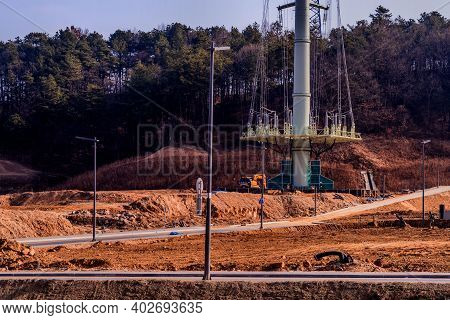 Daejeon, South Korea; December 28, 2020: Construction Of Structure Underneath Large Power Transfer T