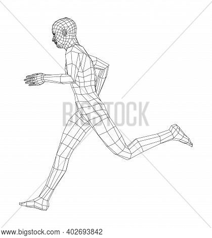 Wireframe Running Man. Vector 3d Rendering. Man In Running Pose