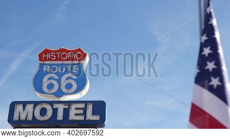 Motel Retro Sign On Historic Route 66 Famous Travel Destination, Vintage Symbol Of Road Trip In Usa.