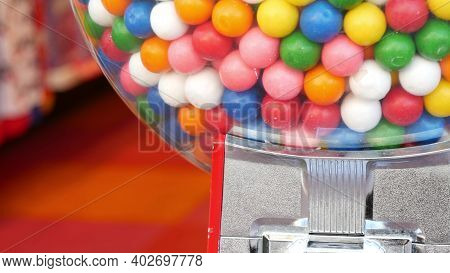 Colorful Gumballs In Classic Vending Machine, Usa. Multi Colored Buble Gums, Coin Operated Retro Dis