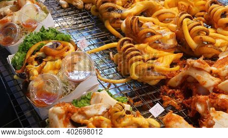 National Asian Exotic Ready To Eat Seafood At Night Street Market Food Court In Thailand. Delicious 