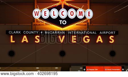 Las Vegas, Nevada Usa - 9 Mar 2020: Welcome To Fabulous Sin City Illuminated Retro Neon Sign Inside 