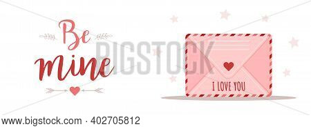 Valentines Day Greeting Banner. Pink Envelope Set In Cartoon Style. Mail With Love Message. I Love Y
